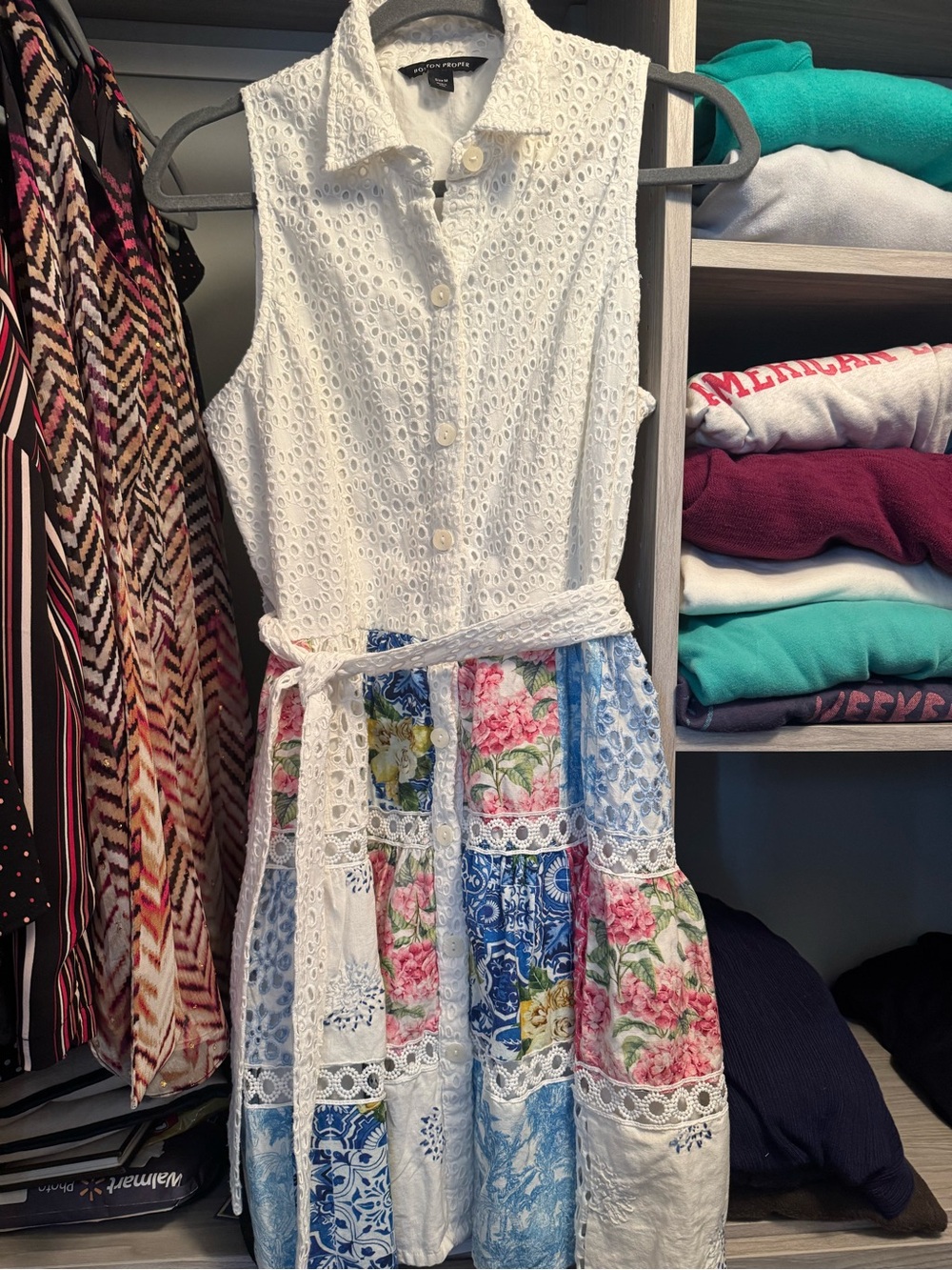 Boston Proper White Eyelet Bodice Floral Patchwork Sundress